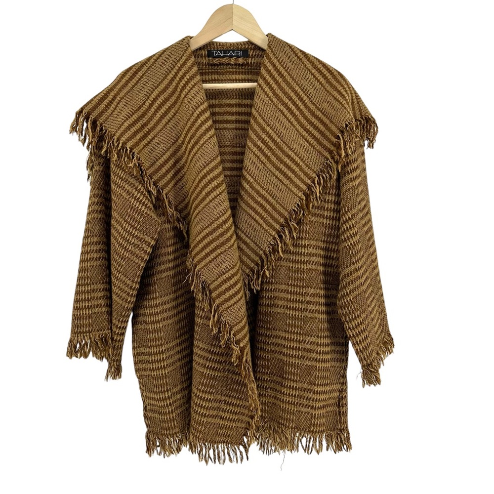 Tahari Brown Plaid Fringe Sweater
